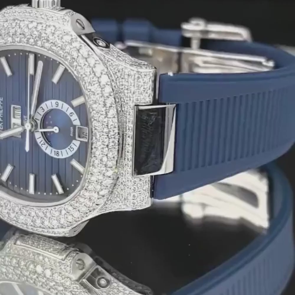 Custom Iced-Out Nautilus Style Annual Calendar Watch with Blue Dial