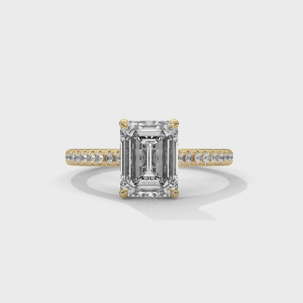 Rose Gold Emerald Cut Solitaire Four-Prong Pavé Cathedral Engagement & Anniversary Ring