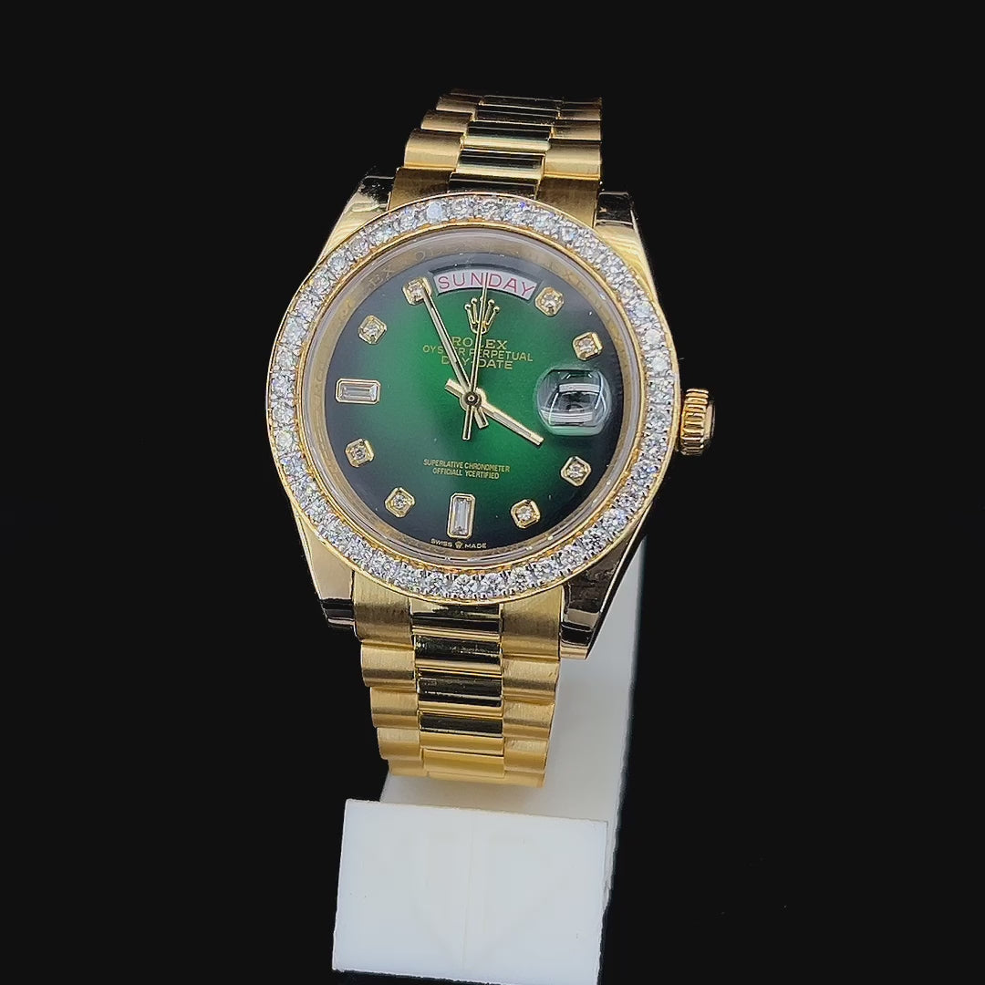 Custom Diamond Bezel Day-Date Style Watch with Sunburst Green Ombré Dial