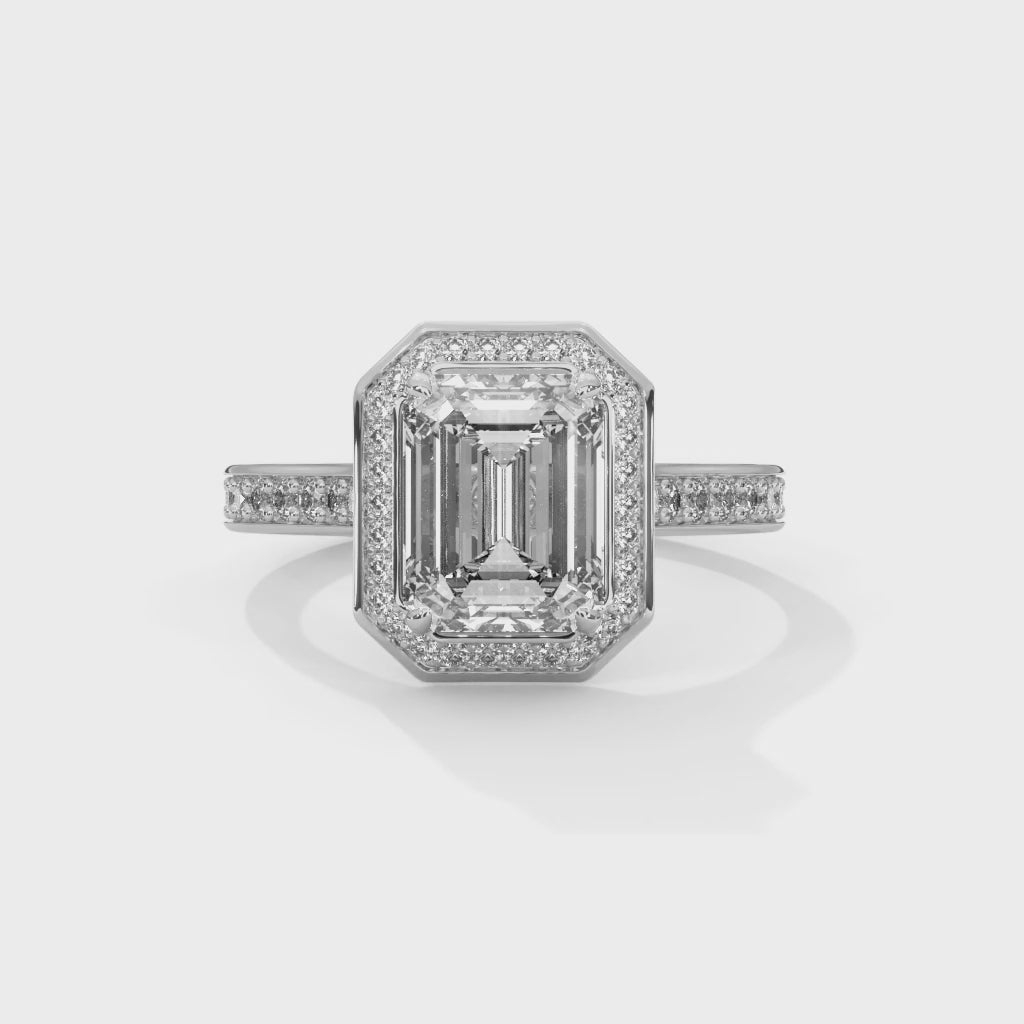 Rose Gold Emerald Cut Octagonal Halo Pavé Cathedral Engagement & Anniversary Ring