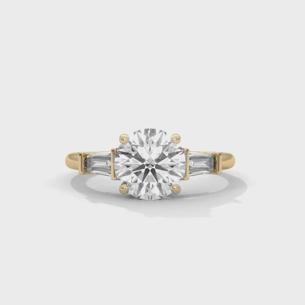 Rose Gold Round Cut Three Stone Tapered Baguette Engagement & Anniversary Ring