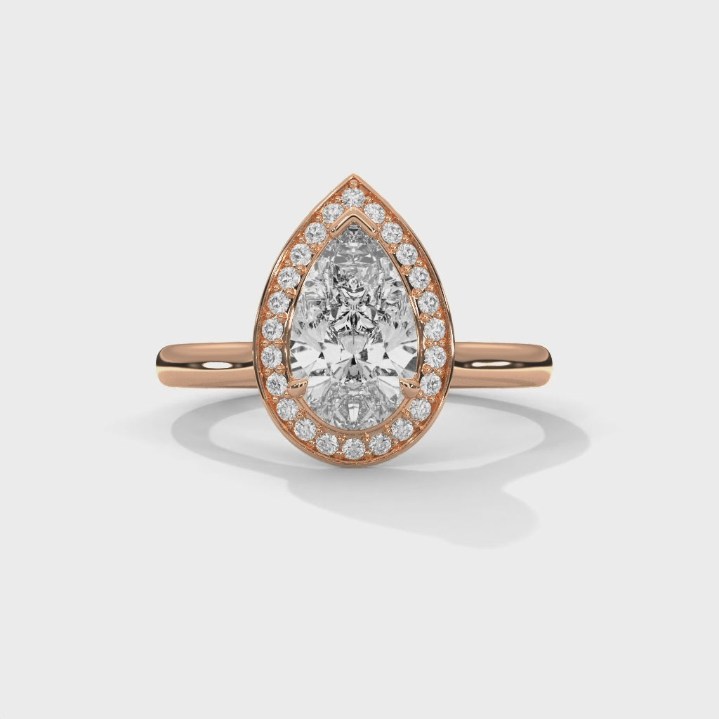Pear Cut V-Tip Halo Solitaire Cathedral Engagement & Anniversary Ring in Rose Gold