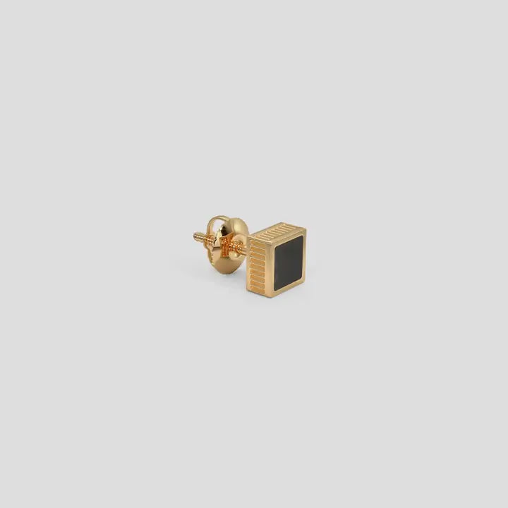 Square Black Onyx Grooved Gold Stud Earring