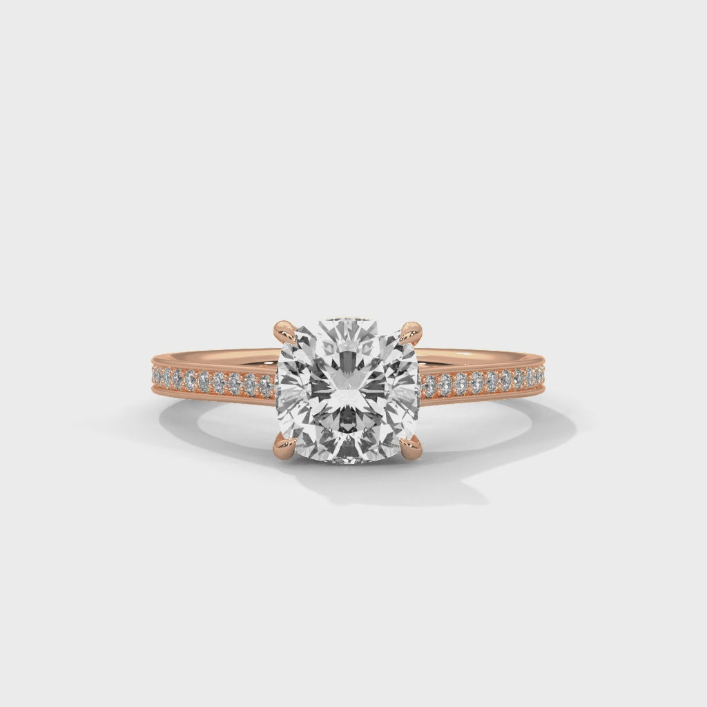 Rose Gold Cushion Cut Solitaire Four-Prong Pavé Engagement & Anniversary Ring