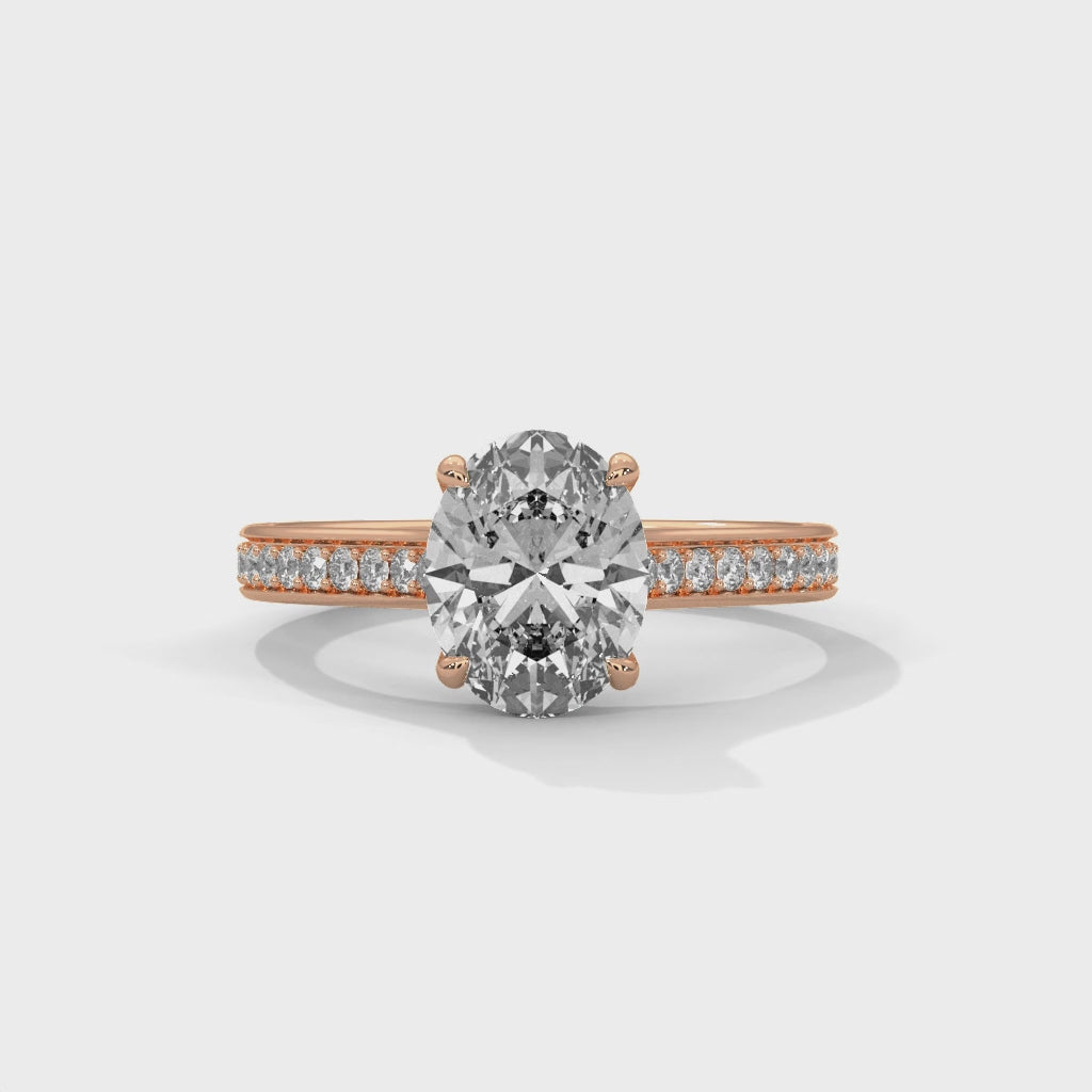 Rose Gold Oval Cut Solitaire Four-Prong Pavé Cathedral Engagement & Anniversary Ring