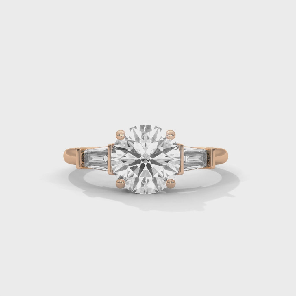Rose Gold Round Cut Three Stone Tapered Baguette Engagement & Anniversary Ring