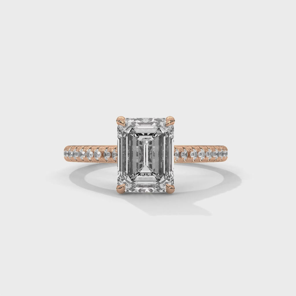 Rose Gold Emerald Cut Solitaire Four-Prong Pavé Cathedral Engagement & Anniversary Ring