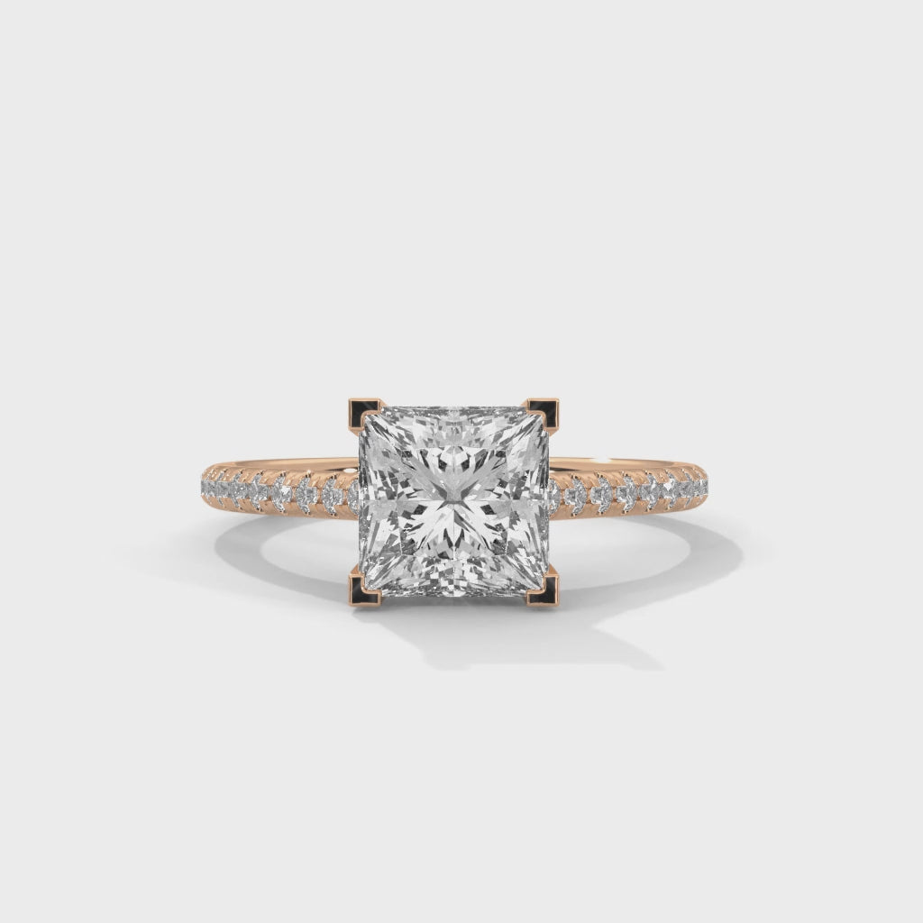 Rose Gold Princess Cut Solitaire Pavé Cathedral Engagement Ring