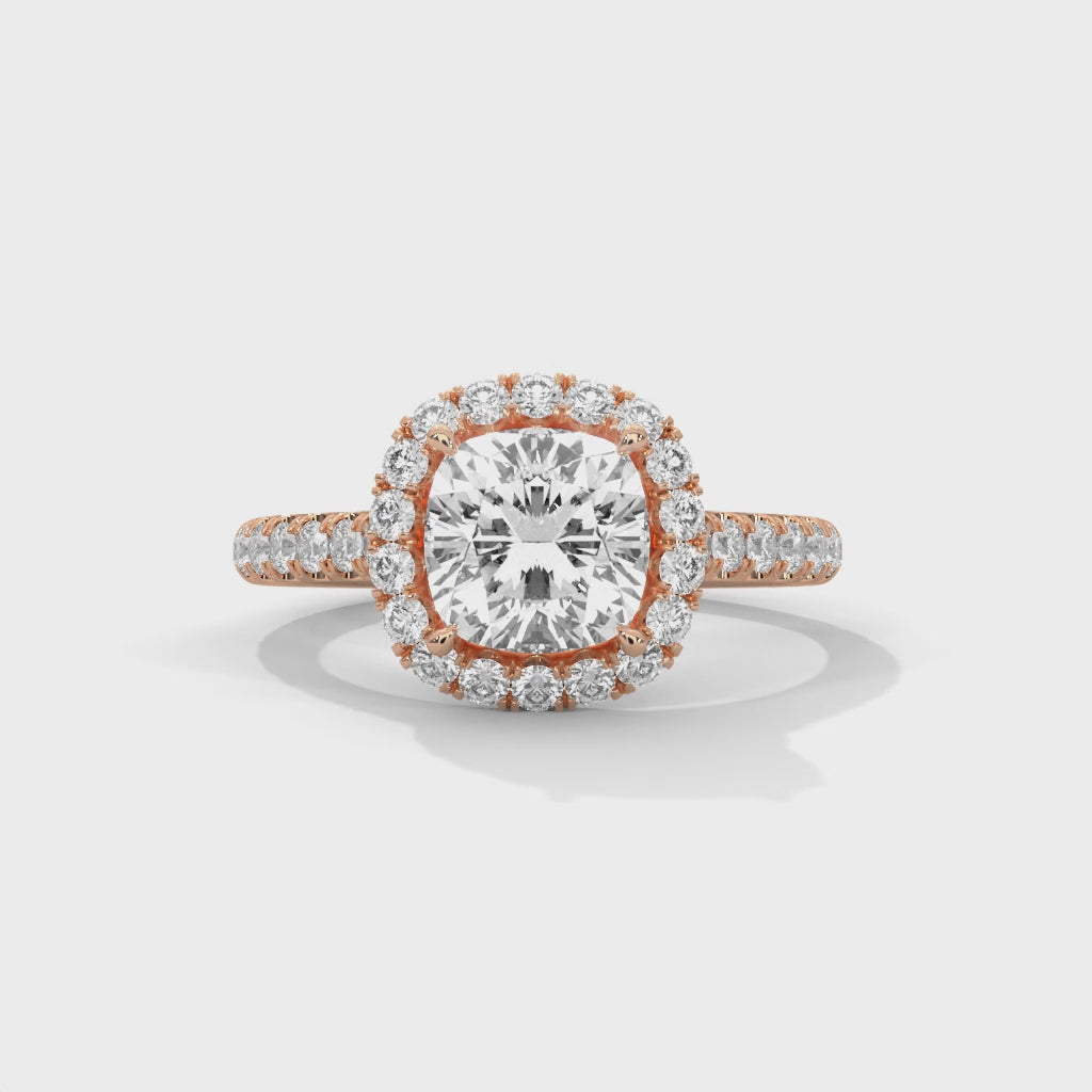 Rose Gold Cushion Cut Solitaire Halo Pavé Cathedral Engagement & Anniversary Ring