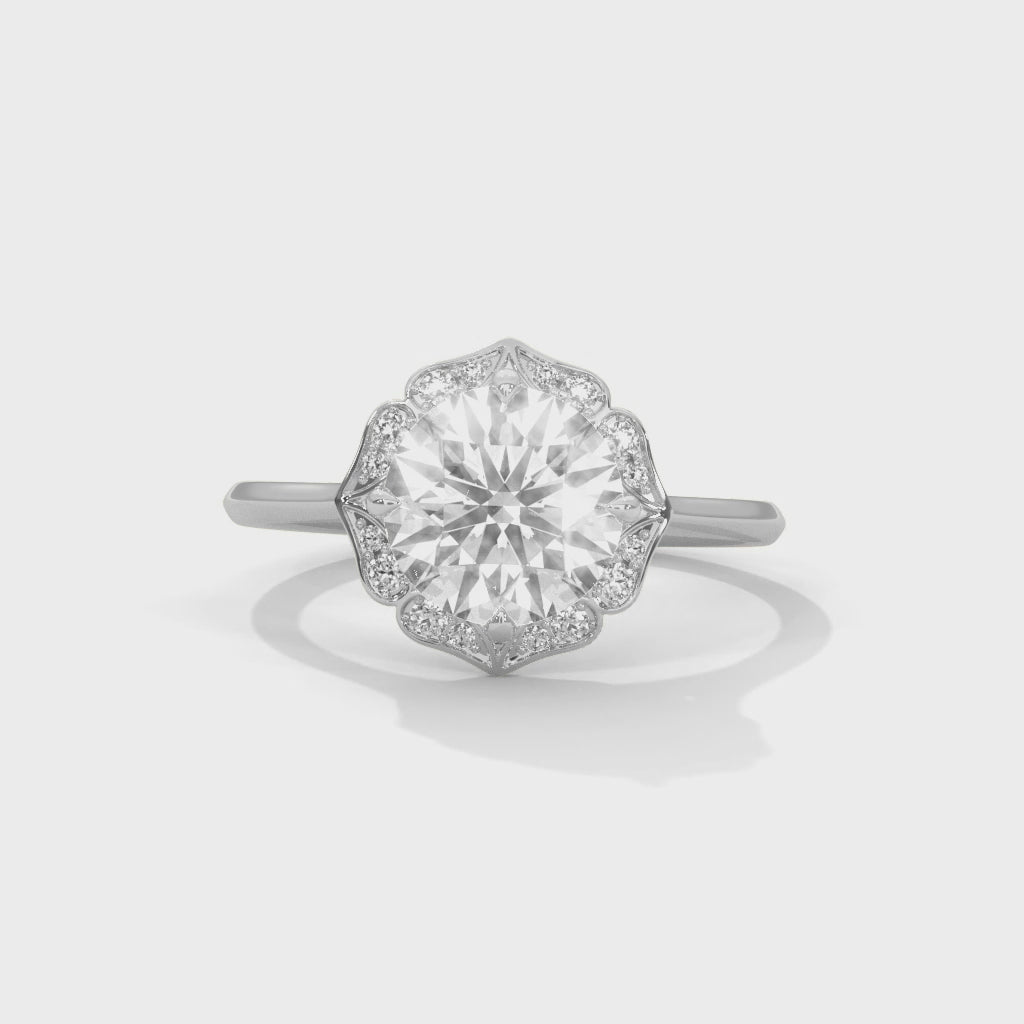 Rose Gold Round Cut Floral Halo Solitaire Engagement & Anniversary Ring