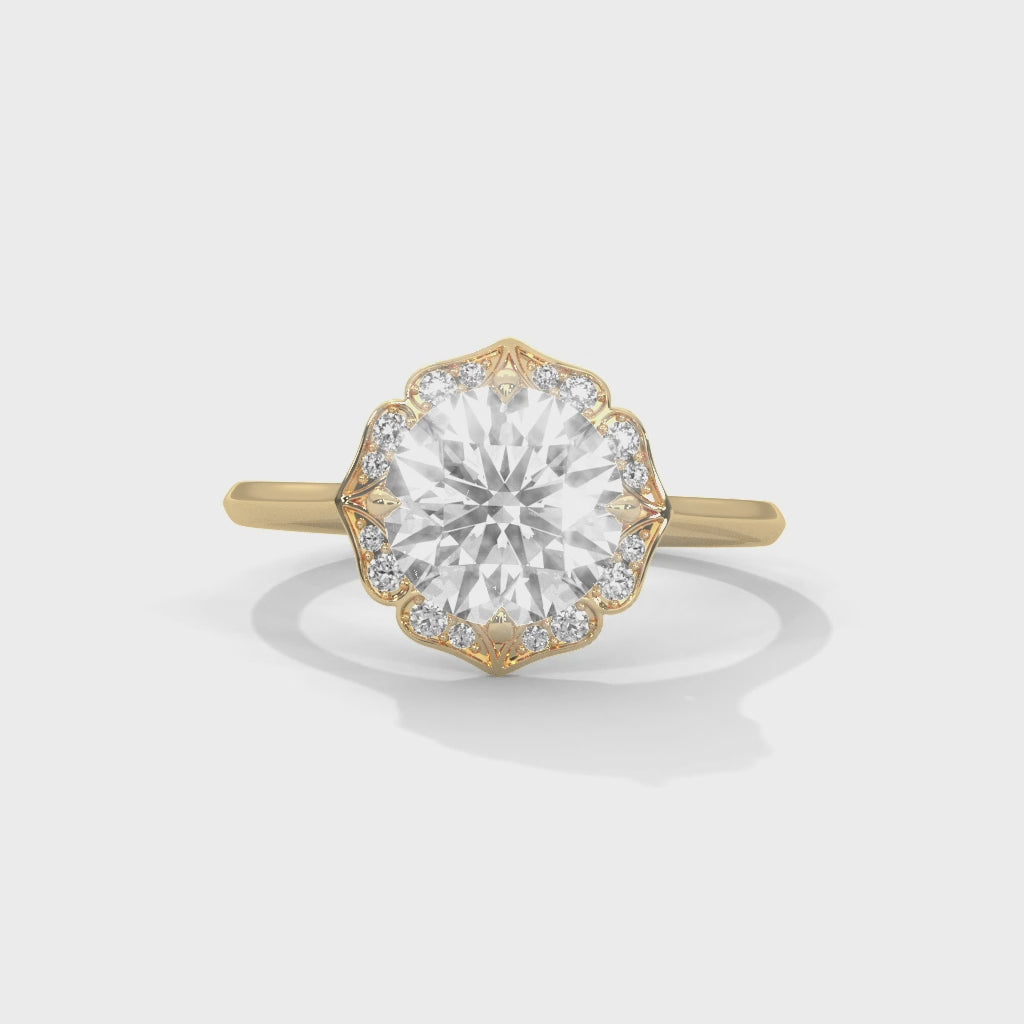 Rose Gold Round Cut Floral Halo Solitaire Engagement & Anniversary Ring