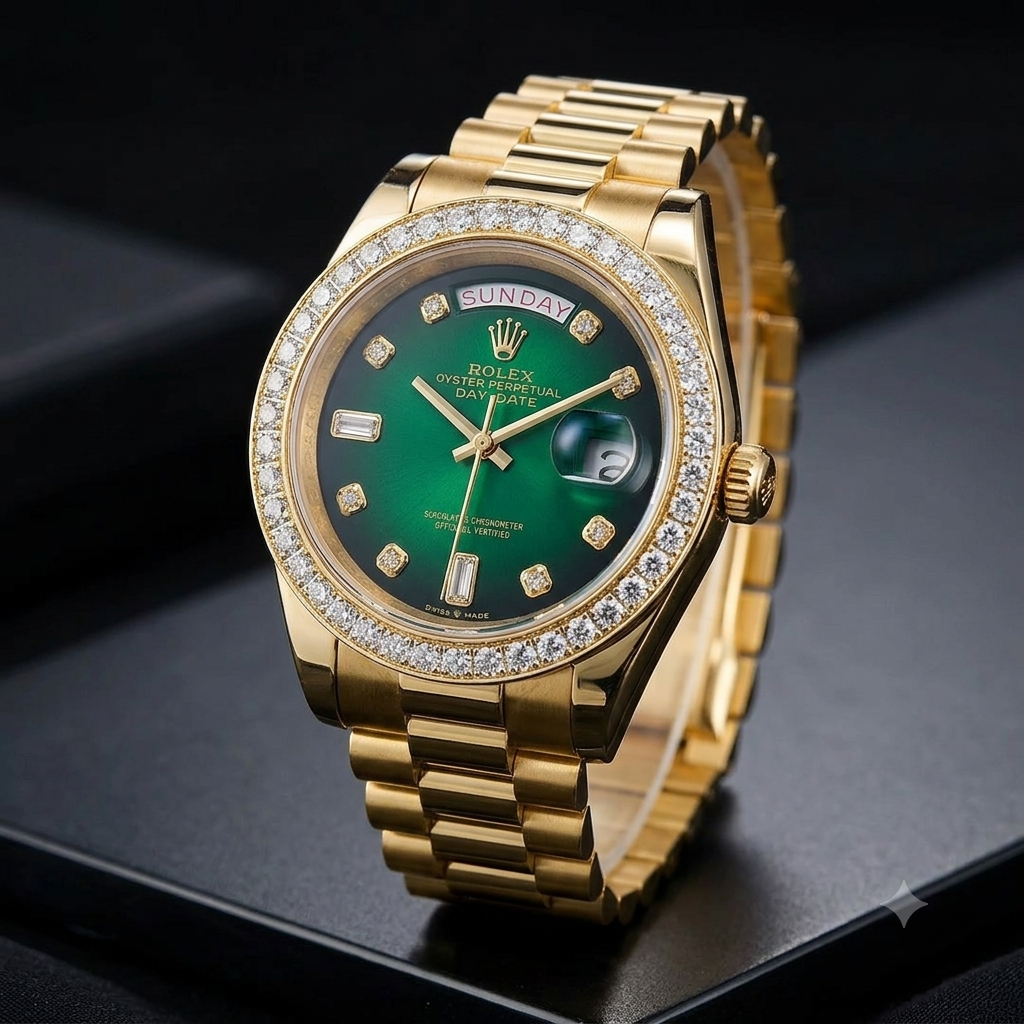 Custom Diamond Bezel Day-Date Style Watch with Sunburst Green Ombré Dial